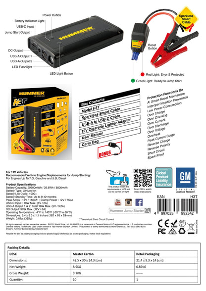 Hummer H3T - 1500A Jump Starter USB-C Power Bank 29600mWh