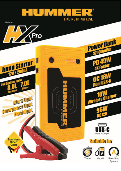 Hummer HX PRO - 2000A Jump Starter USB-C Powerbank PD45W QC18W Wireless Charger for iPhone Macbook