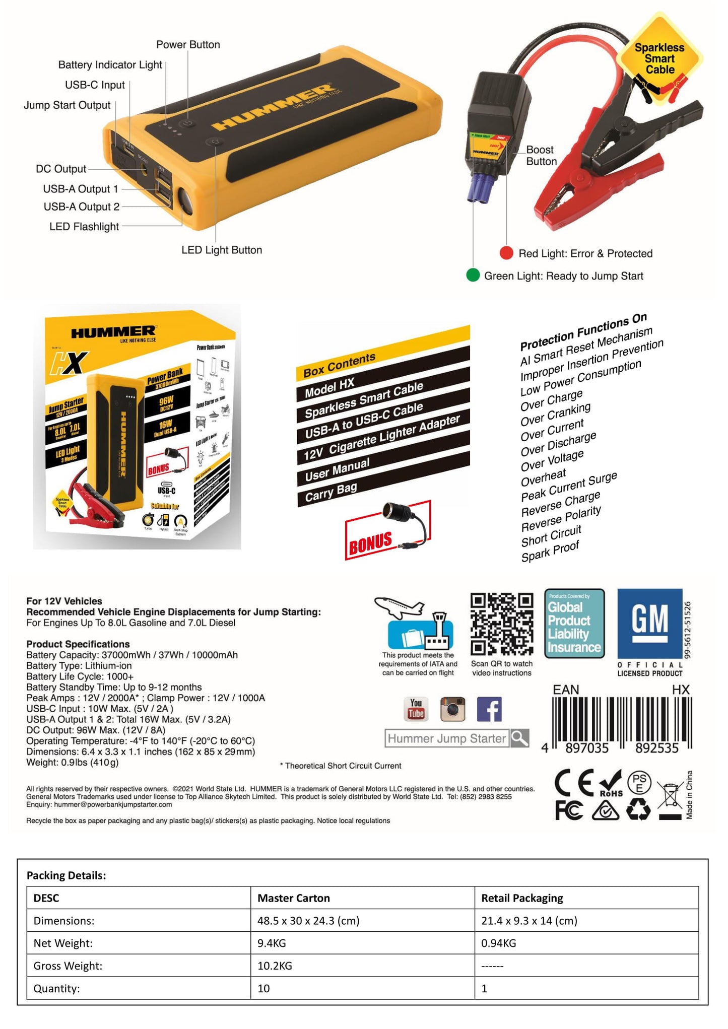 Hummer HX - 2000A Jump Starter USB-C Power Bank 37000mWh